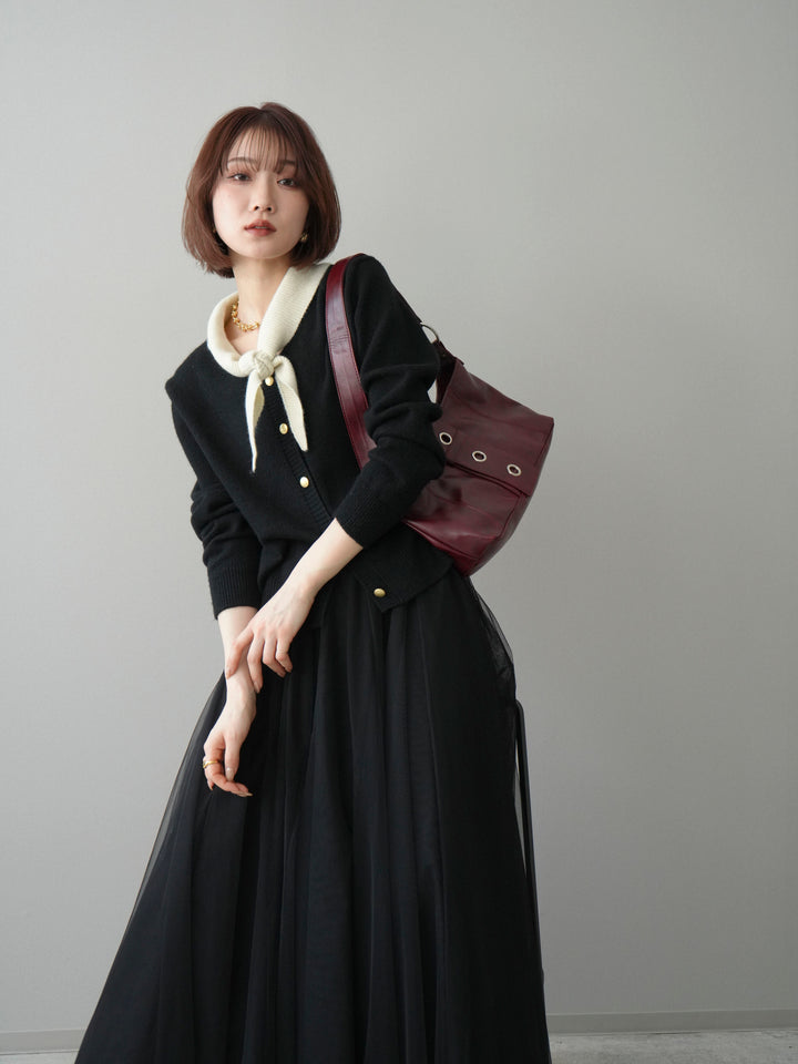 [SET]デザイン襟ニットカーディガン+チュールボリュームスカート(2set)