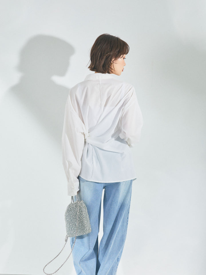 【Allure】[SET]ウエストアシメリボンシャツ+アシメカーブデニムパンツ(2set)