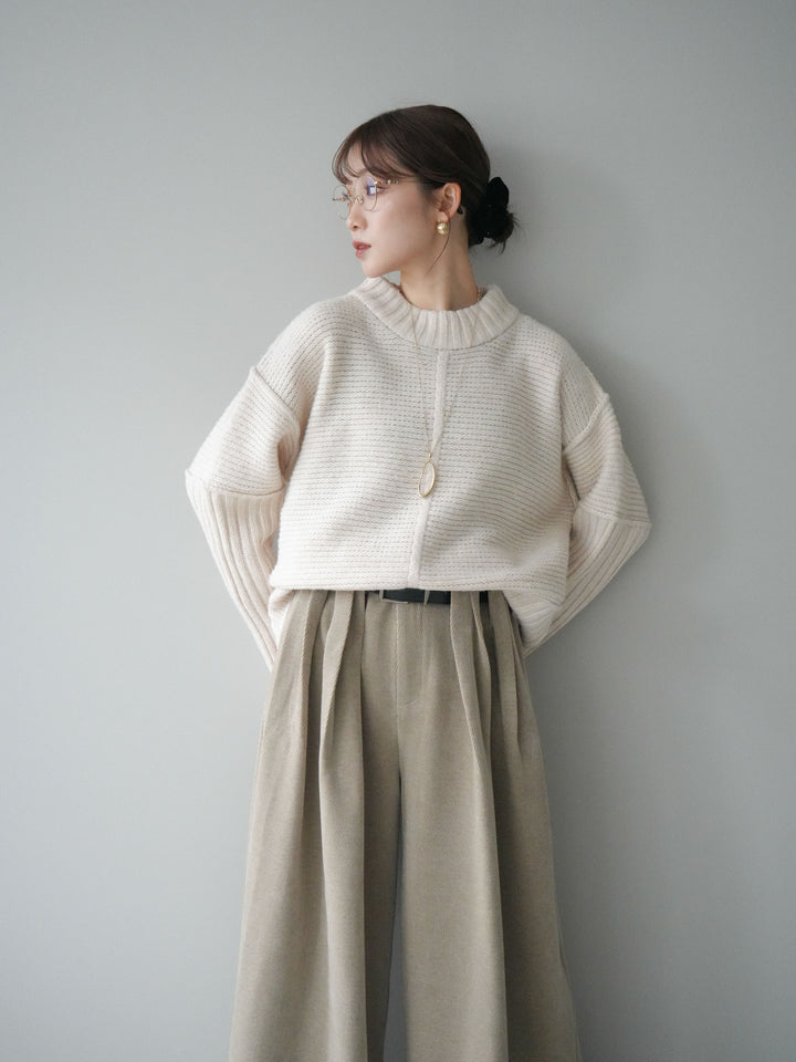 [SET]編み地切替ボトルネックニットプルオーバー+ベルトデザインループコールテンワイドパンツ(ベルト付き)(2set)