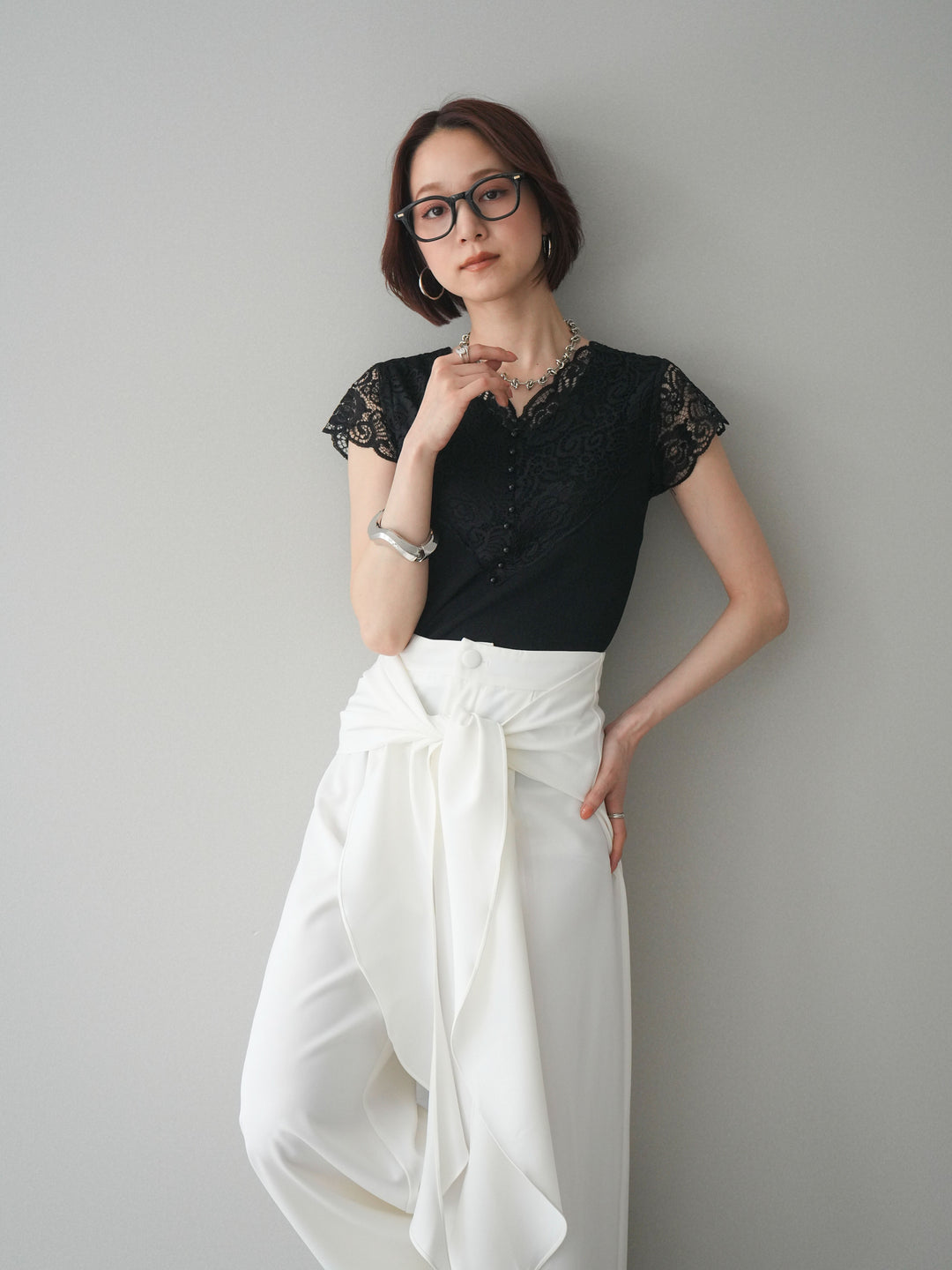 [予約]パールボタンレース切替ニットトップス/black