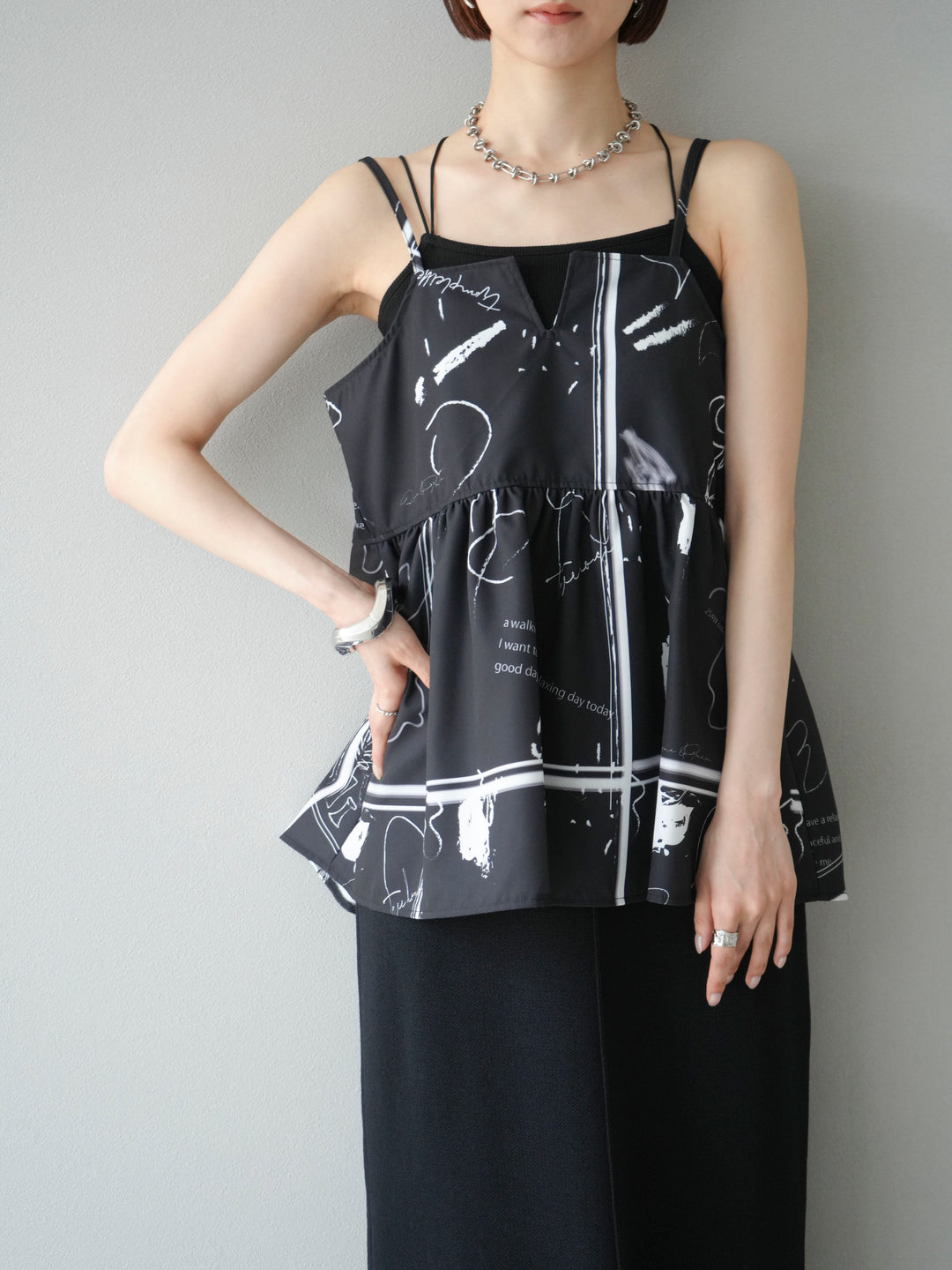 [予約]ペイント柄キャミソール/ブラック