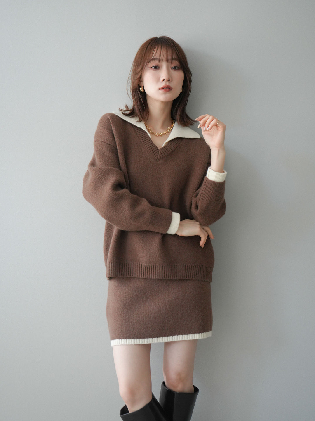 [SET]配色襟ニット＆ミニスカートSET UP(2set)