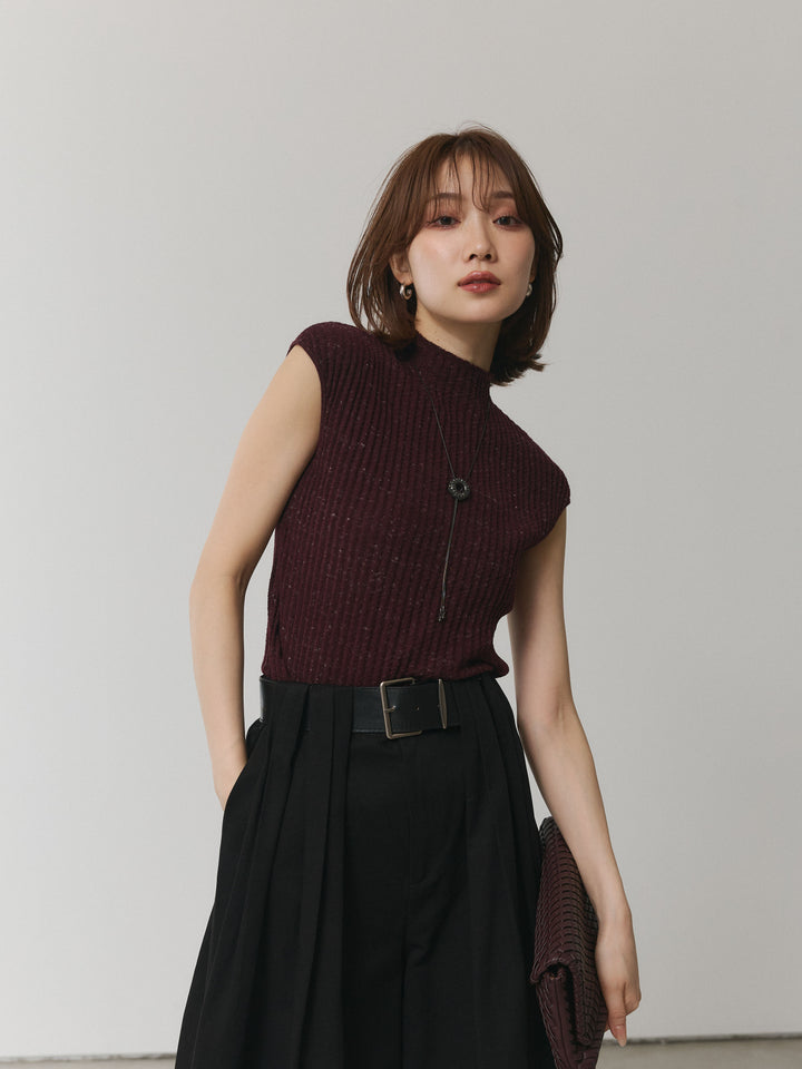 【Allure】[SET]ミックスヤーンデザインリブフレンチスリーブニット+ベルト付ダブルループワイドパンツ(2set)