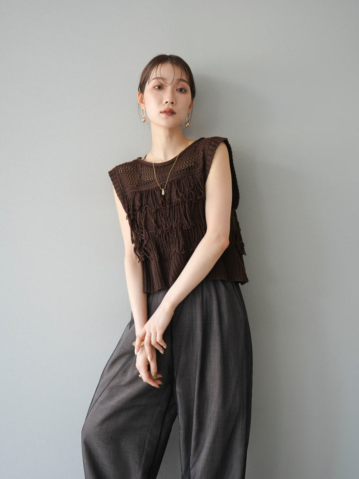 [SET]透かし編みフリンジニットトップス+コード刺繍チュールレイヤードパンツ(2set)