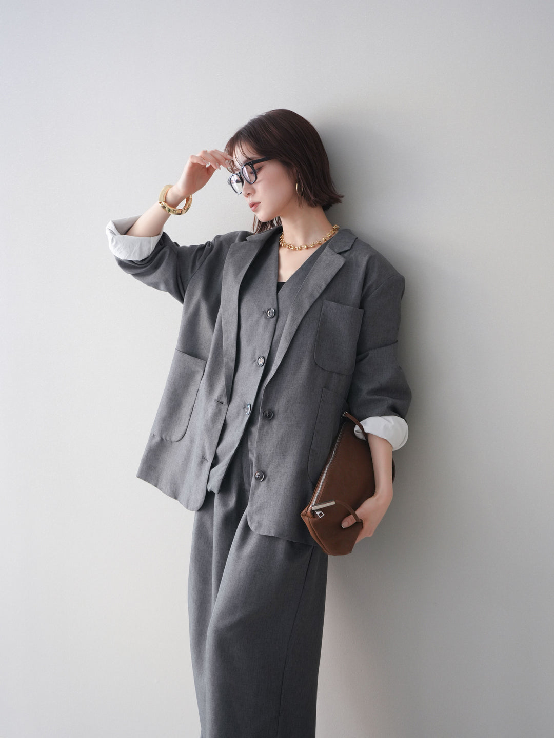 [SET]リネンライクテーラードジャケット+リネンライクバックオープンジレ+リネンライクタックワイドパンツ(3set)