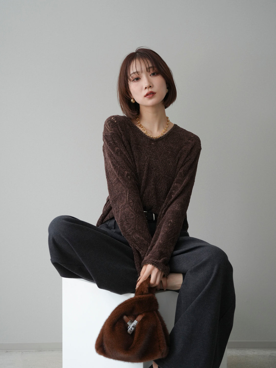 [予約]モール透かし編みニットトップス/brown