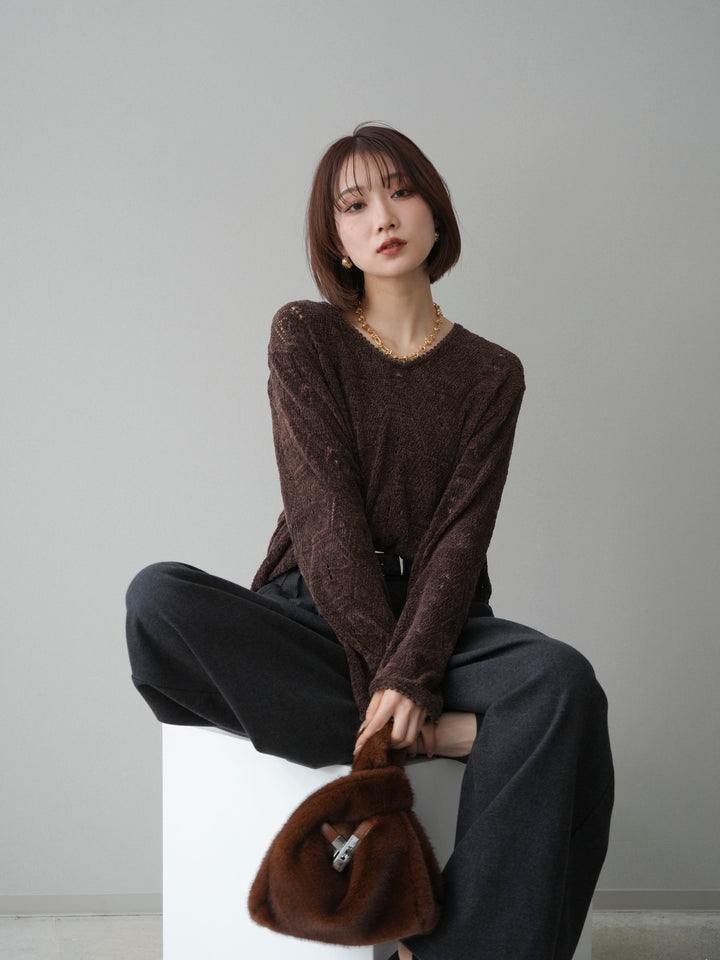 [予約]モール透かし編みニットトップス/brown