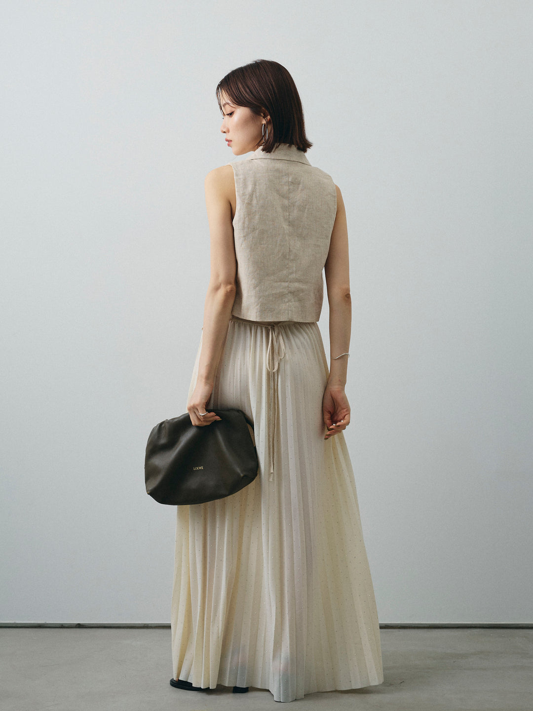 [SET]リネンライクテーラードジレ+ラインストーンプリーツスカート(2set)