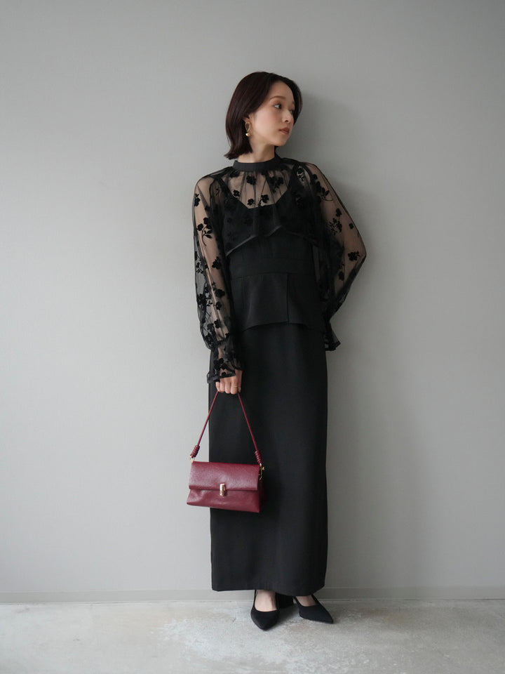 [予約]チュールフラワーフロッキーショートブラウス/ブラック