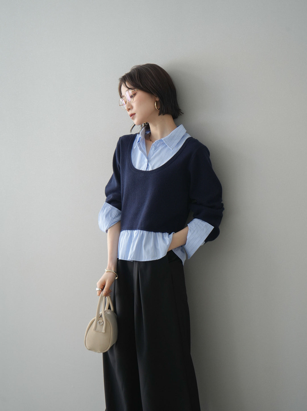 [予約]ストライプシャツUネックドッキングニットプルオーバー/navybluestripeB