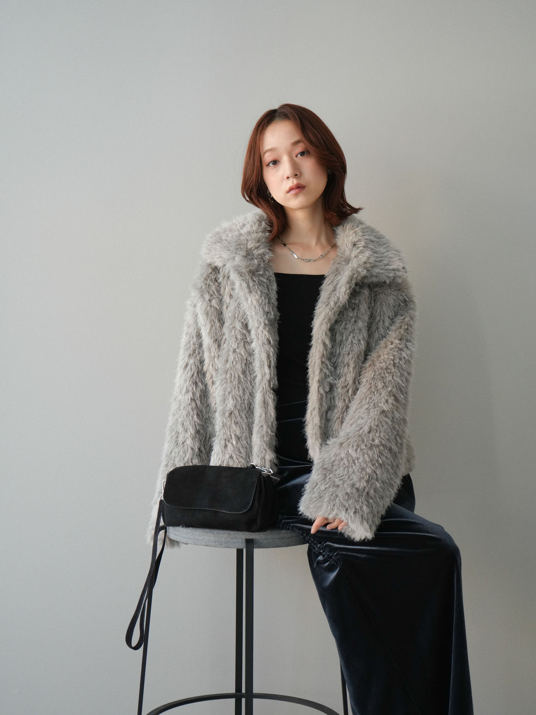 [SET]フェイクファー襟付きショートブルゾン+ギャザーベロアスカート(2set)