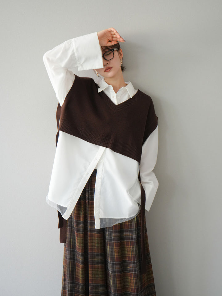 [予約]サイドリボンVネックショートニットベスト/ブラウン