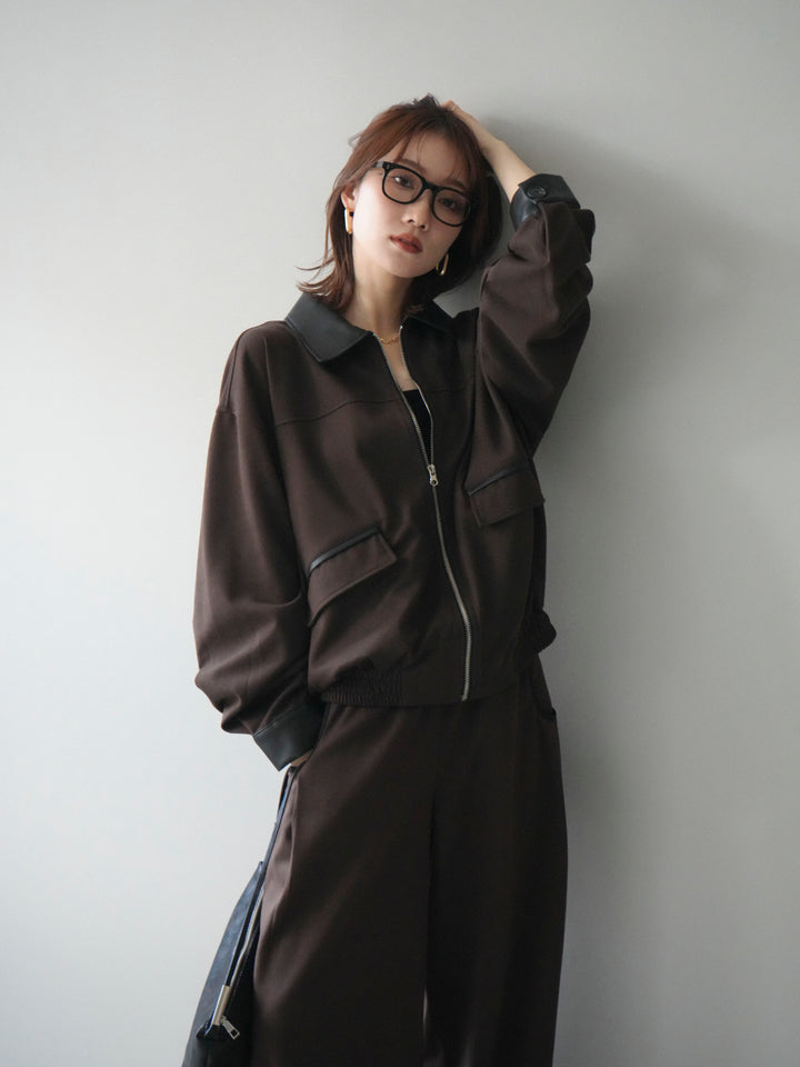 [予約]レザー襟配色パイピングブルゾン/brown