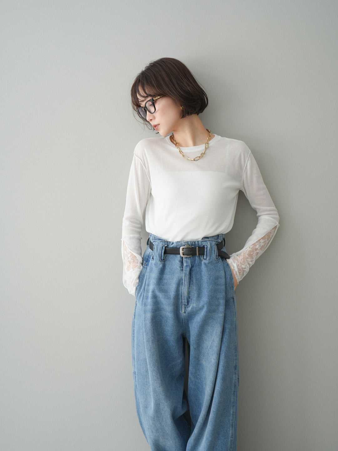 [予約]袖レースレイヤードデザインメロートップス/white