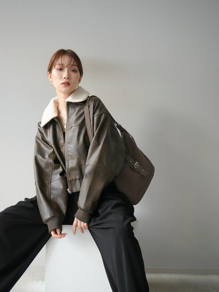 [予約]襟ボアヴィンテージレザーブルゾン/ブラウン