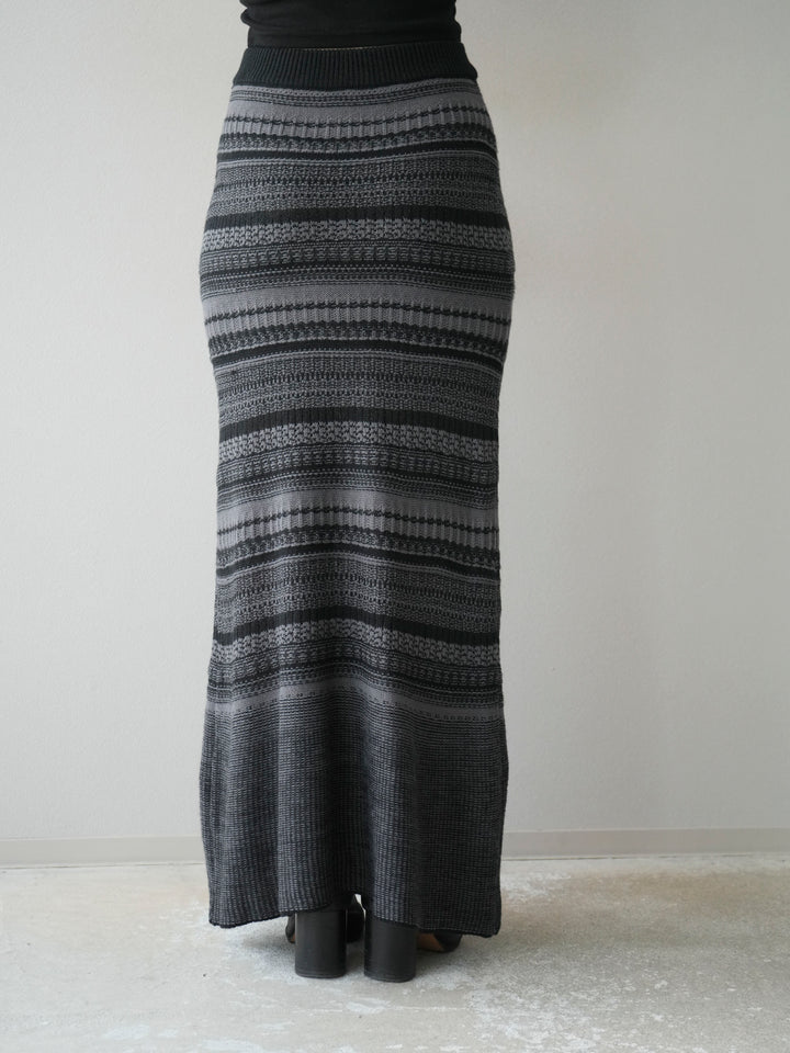 [予約]ガーター編みニットロングスカート/グレー×ブラック