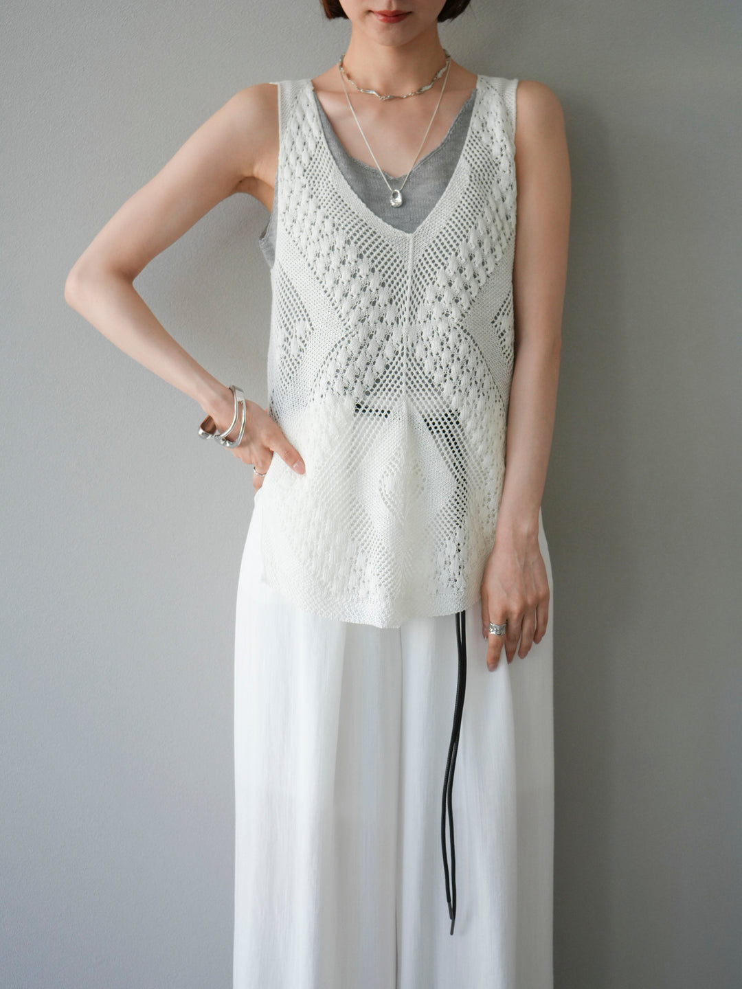 [予約]透かし編みレイヤードニットトップス/ホワイト