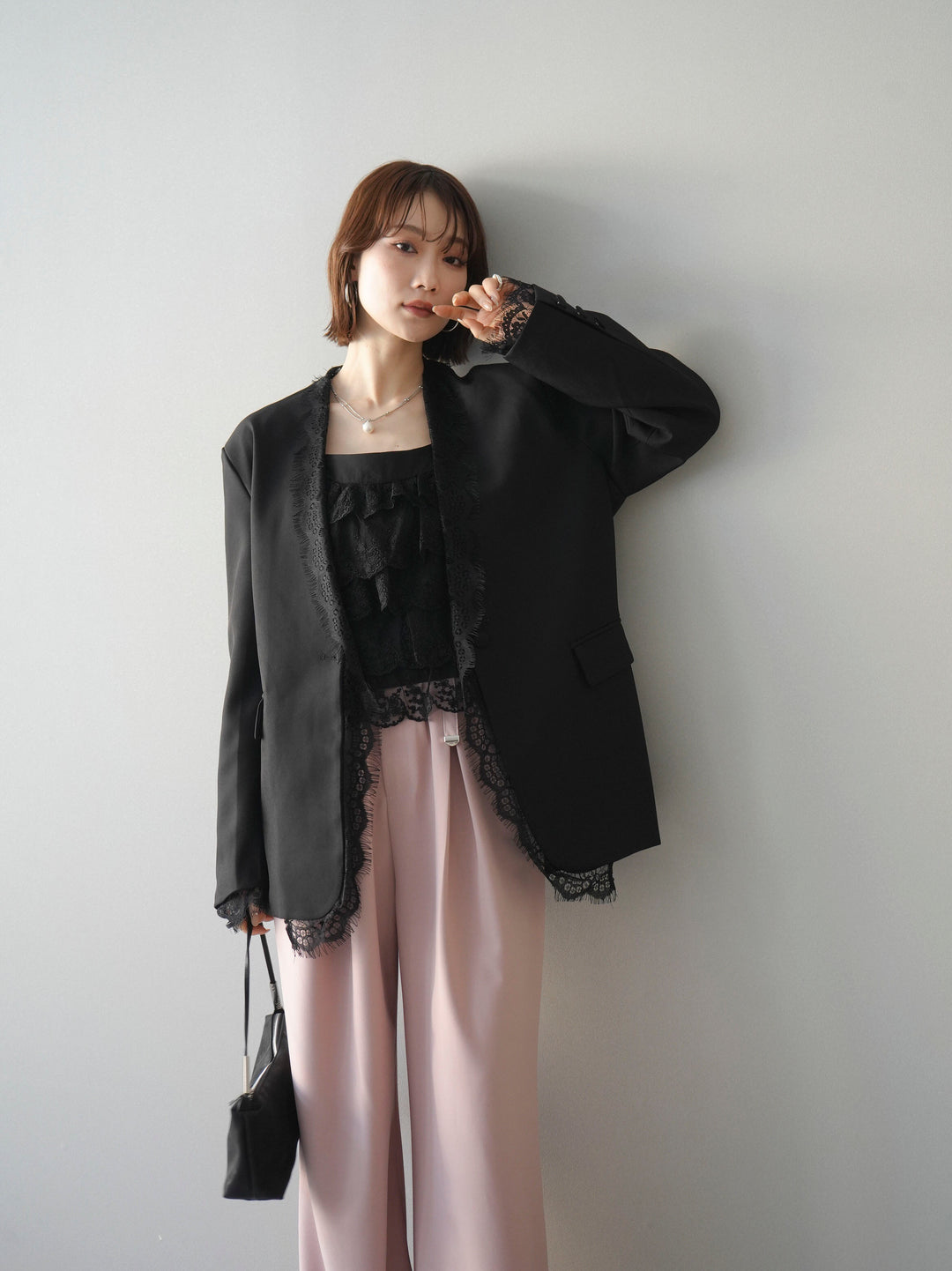 [SET]ノーカラーレースジャケット+スカラップレースフリルキャミソール(2set)