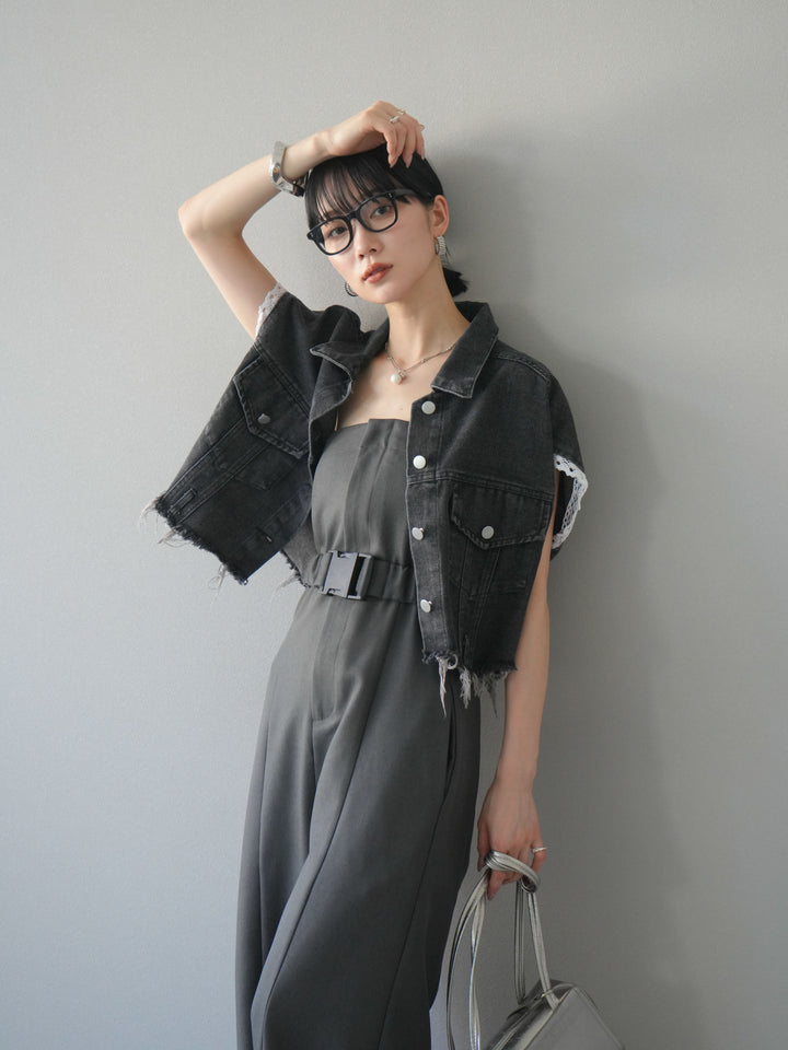 [予約]袖レースダメージデニムショートジャケット/ブラック