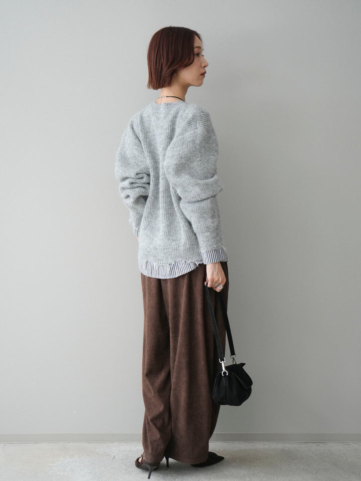 [SET]裾シャツレイヤードダメージニットプルオーバー+コーデュロイサイドタックコクーンパンツ(2set)