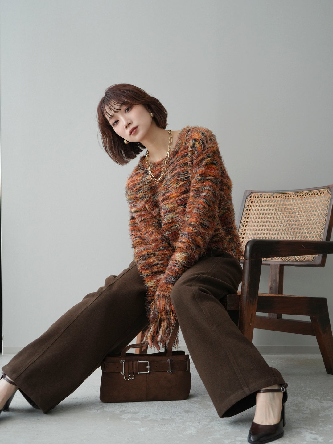 [SET]裾フリンジミックスヤーンシャギープルオーバー+ベルト付起毛コクーンパンツ(2set)