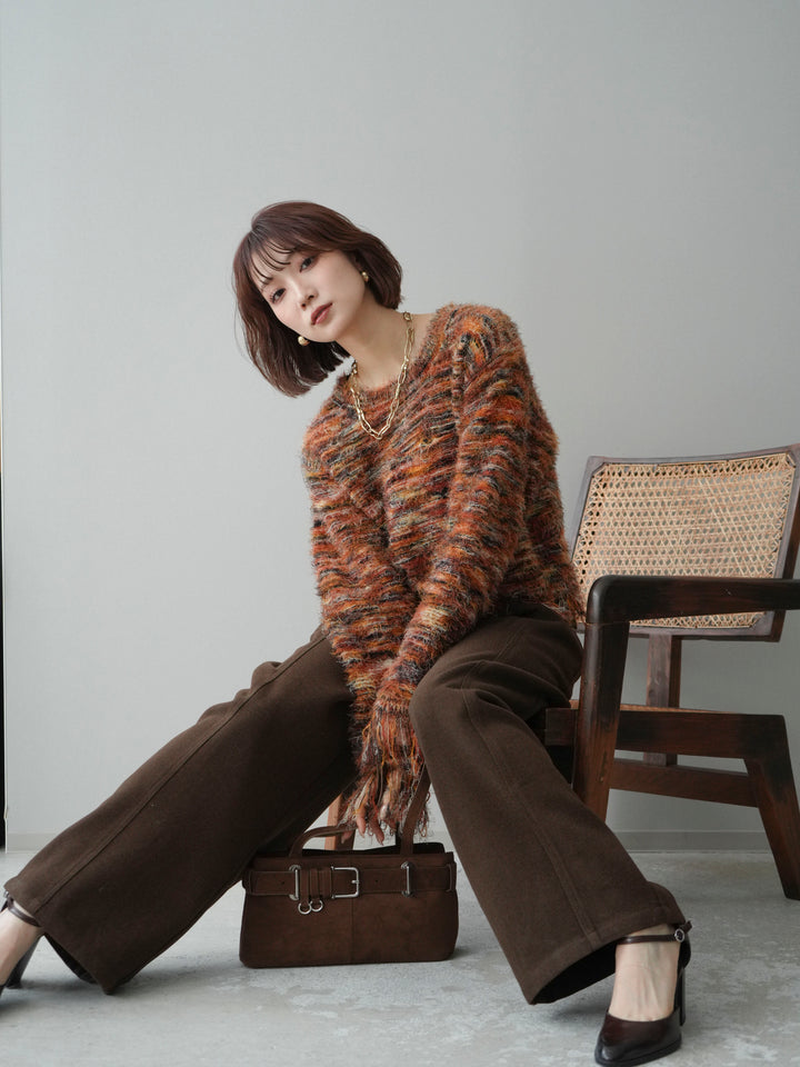 [SET]裾フリンジミックスヤーンシャギープルオーバー+ベルト付起毛コクーンパンツ(2set)