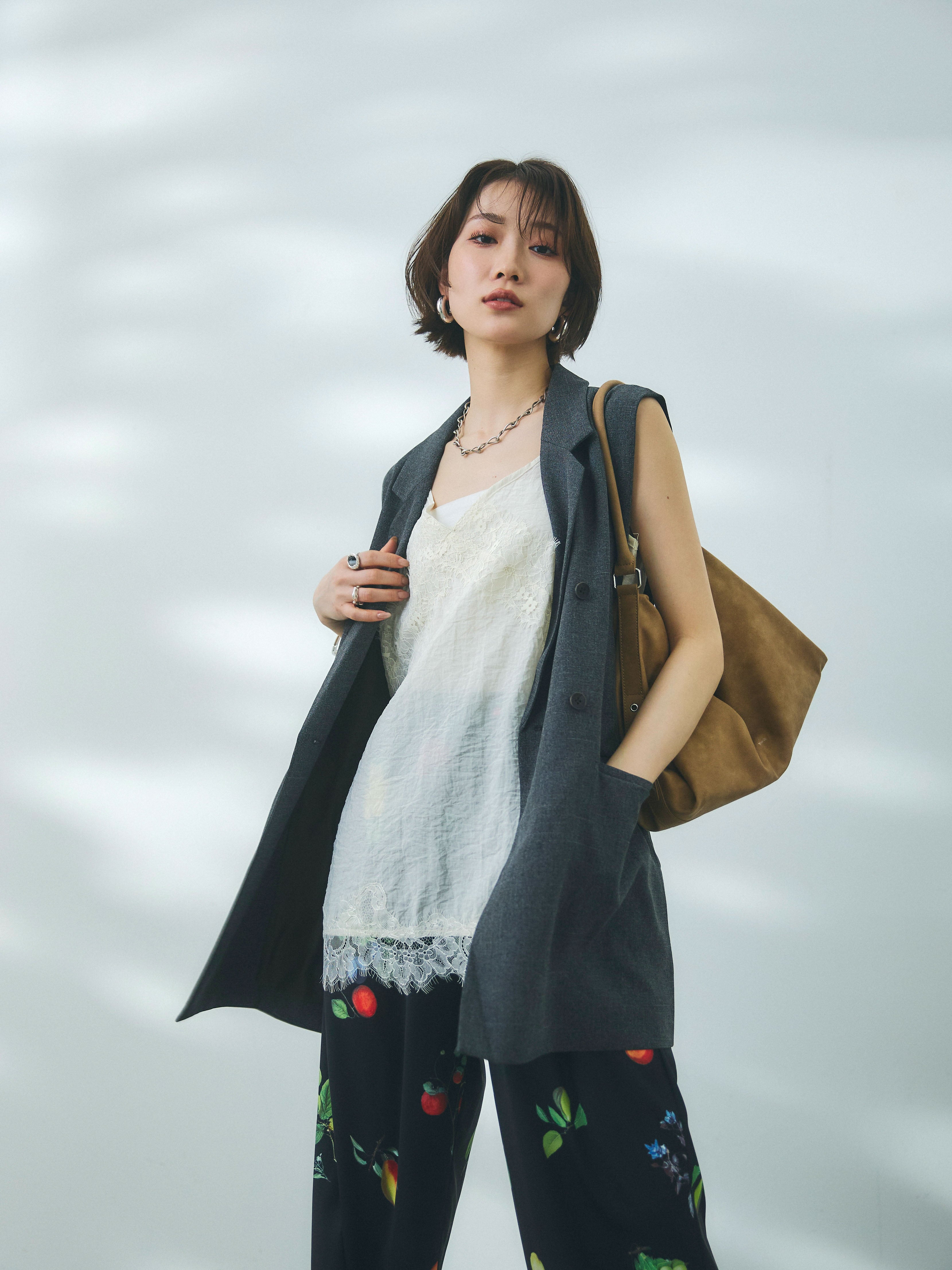 Allure】[SET]杢調ミディ丈テーラードジレ+リネンタッチレース切替