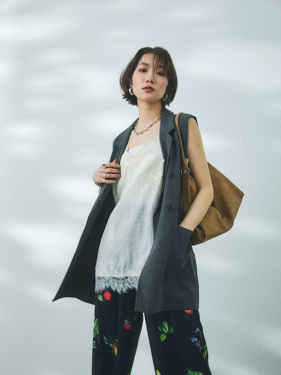 【Allure】[SET]杢調ミディ丈テーラードジレ+リネンタッチレース切替キャミソール(2set)