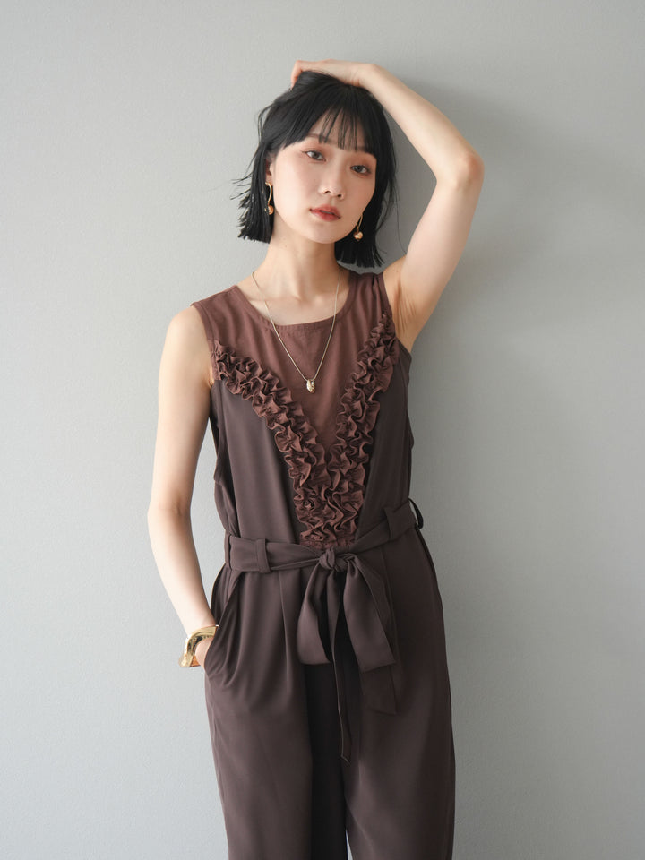 [預購] 荷葉邊設計連身褲/棕色