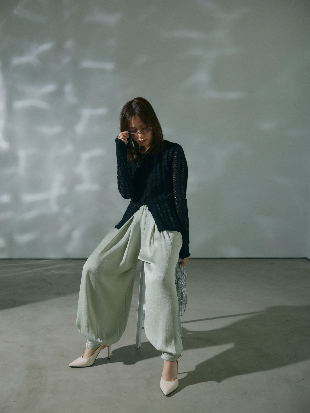 [予約]透かし編みニットカーディガントップス/black