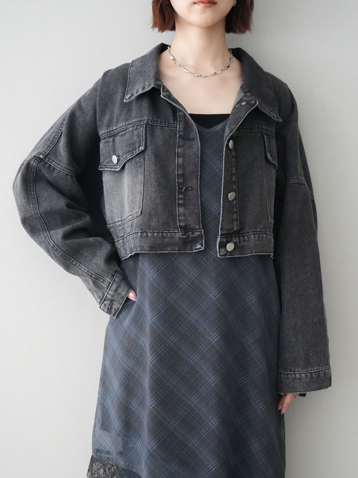 【套裝】牛仔短版襯衫外套+不對稱格紋蕾絲吊帶背心+流蘇半喇叭牛仔褲（三件套）