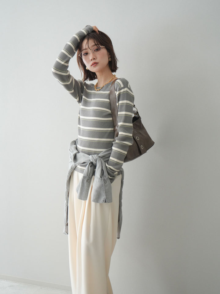 [予約]バックオープンテレコリブマルチボーダートップス/gray