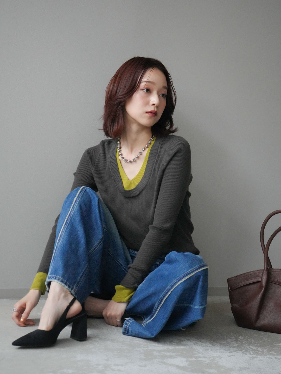 [SET]Uネック配色レイヤードリブニットトップス+サイドフリンジワイドデニムパンツ(2set)