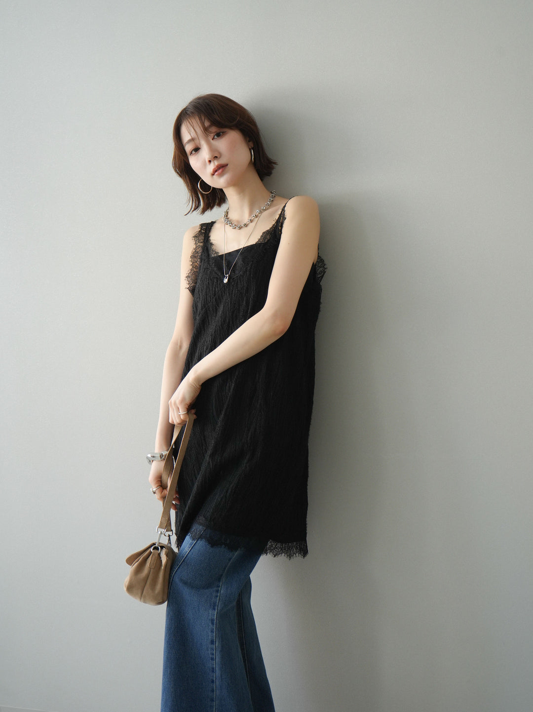 [予約]レース切替ジャガードニットロングキャミソール/black