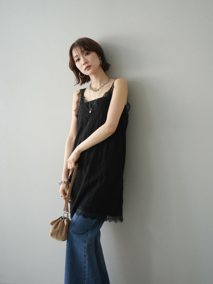 [予約]レース切替ジャガードニットロングキャミソール/black