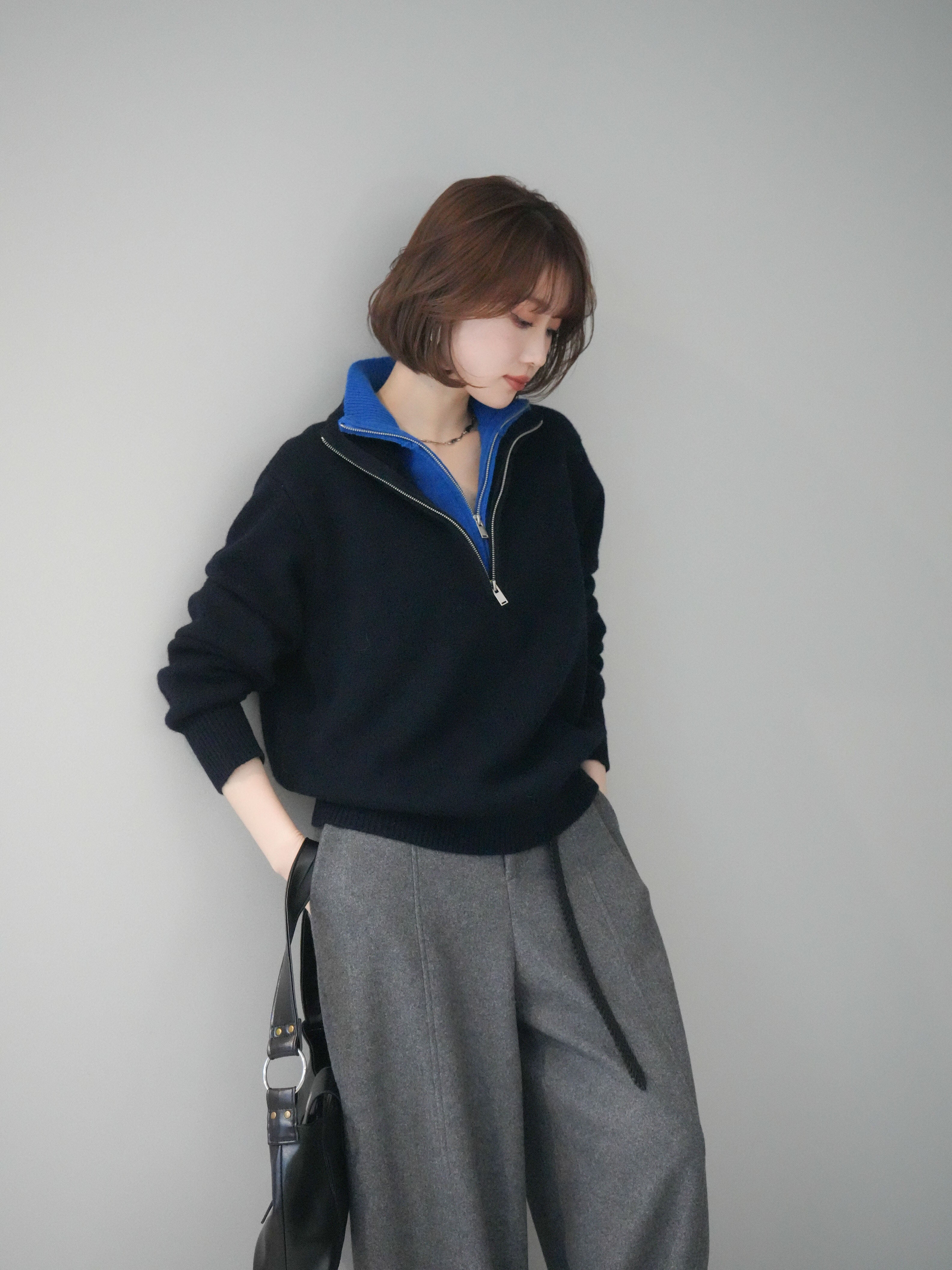 予約]ウールxカシミヤハーフジップダブルネックニットプルオーバー