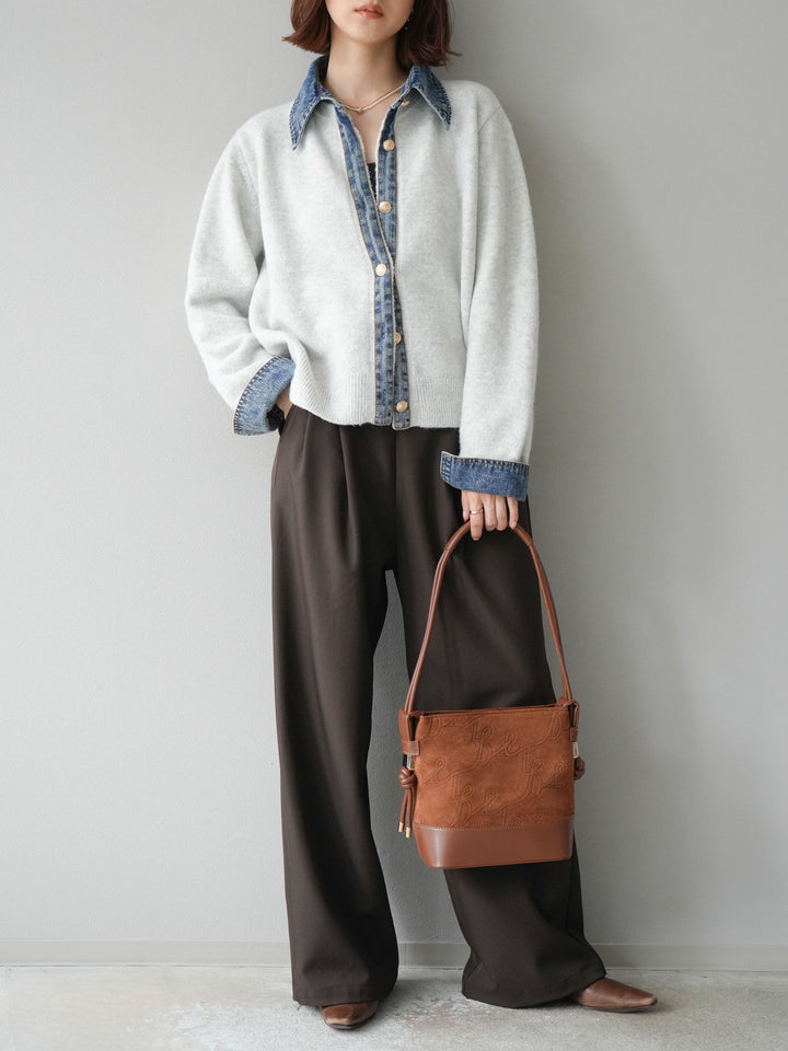 [SET]デニム襟ボタンニットカーディガン+エステルタックワイドパンツ(2set)
