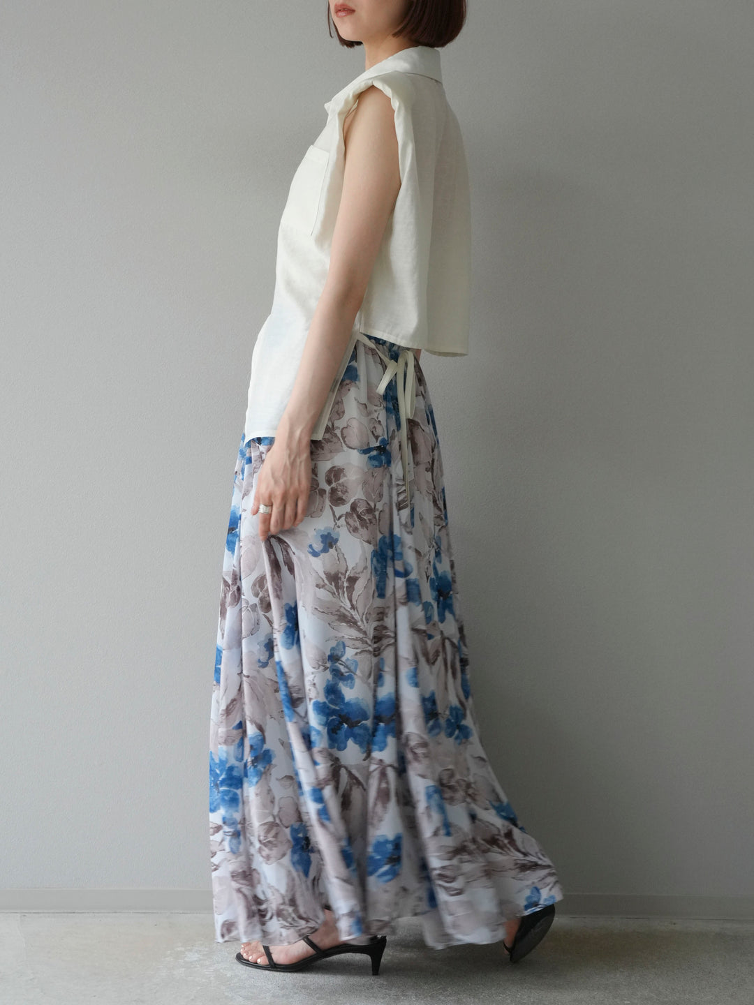 [予約]フラワープリントボリュームフレアスカート/ブルー
