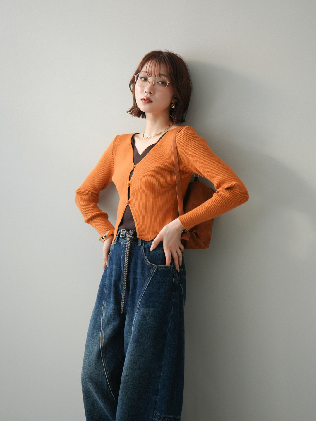 [SET]Vネック配色レイヤードスリットニットトップス+裏起毛加工デニムカーブパンツ(2set)