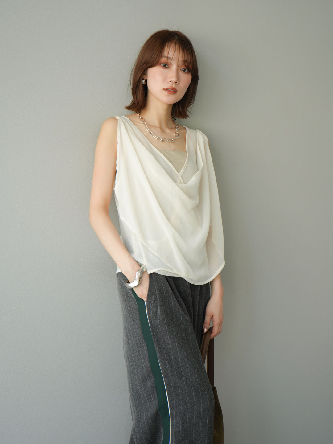 [予約]サイドラインストライプワイドパンツ/チャコール