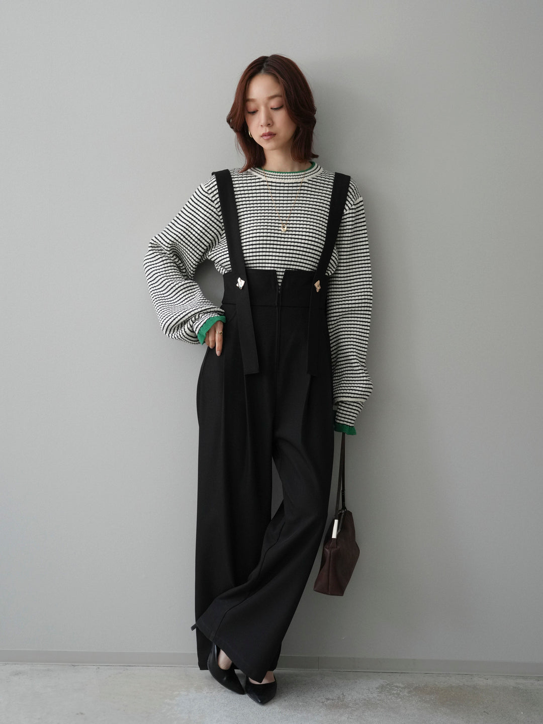 [SET]ラメ異素材ボーダーリブニットプルオーバー+ゴールドボタンサスペンダーワイドパンツ(2set)