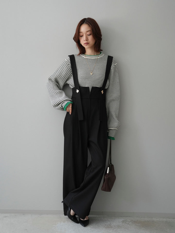 [SET]ラメ異素材ボーダーリブニットプルオーバー+ゴールドボタンサスペンダーワイドパンツ(2set)
