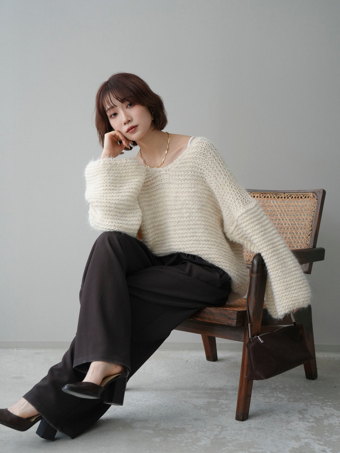 [予約]ワッフル編みシャギーニットプルオーバー/apricot