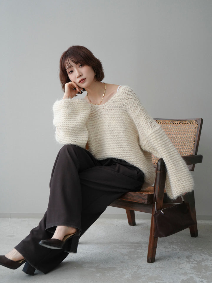 [予約]ワッフル編みシャギーニットプルオーバー/apricot