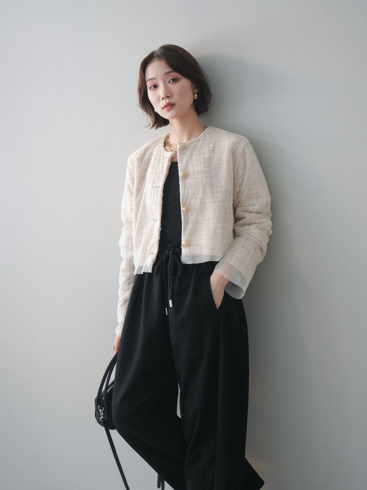 [SET]チュールレイヤードツイードクロップドジャケット+裾ZIPスエットワイドパンツ(2set)