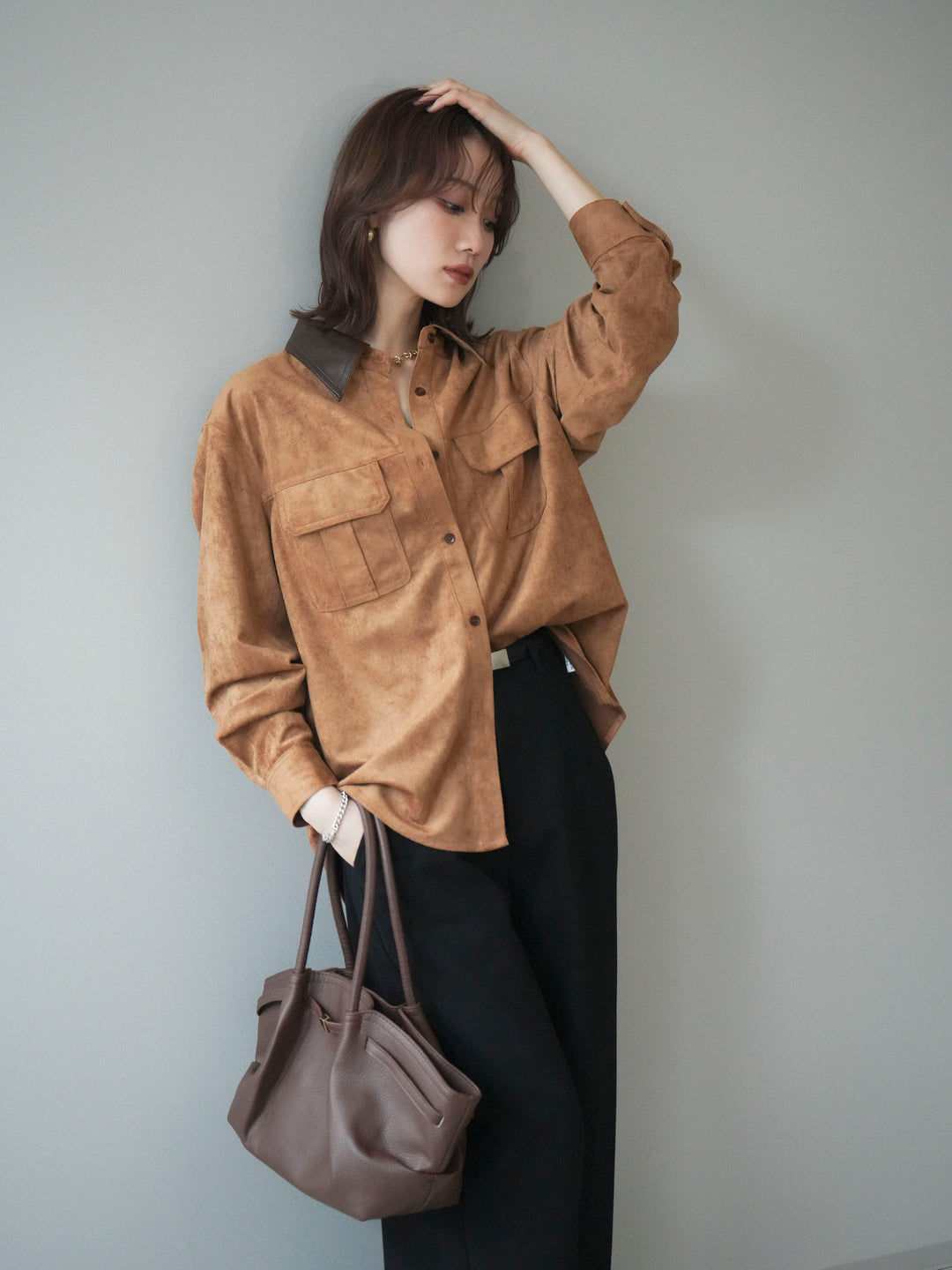 [予約]レザー襟スエードシャツ/camel