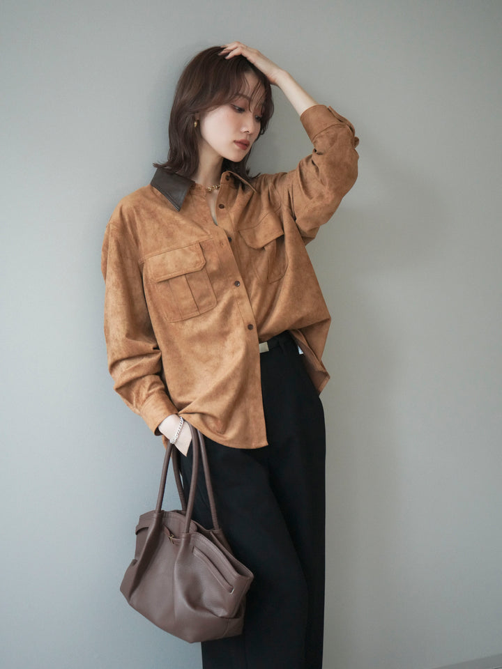 [予約]レザー襟スエードシャツ/camel