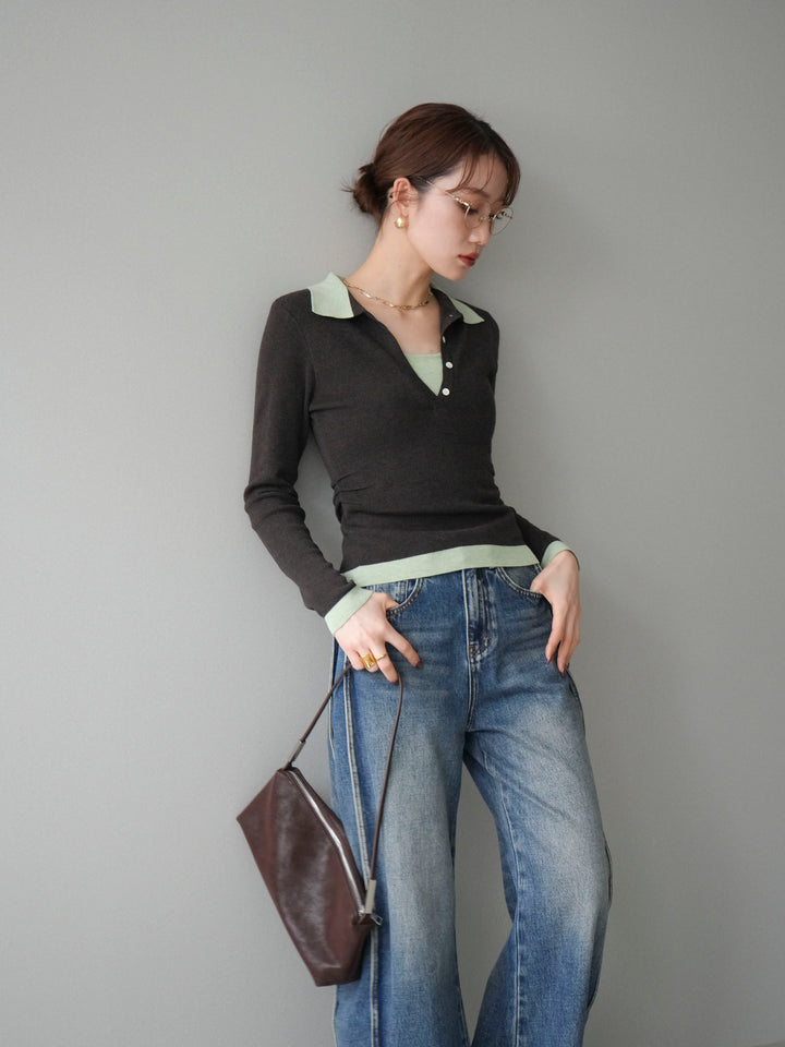 [予約]レイヤード配色ポロニットトップス/darkbrown