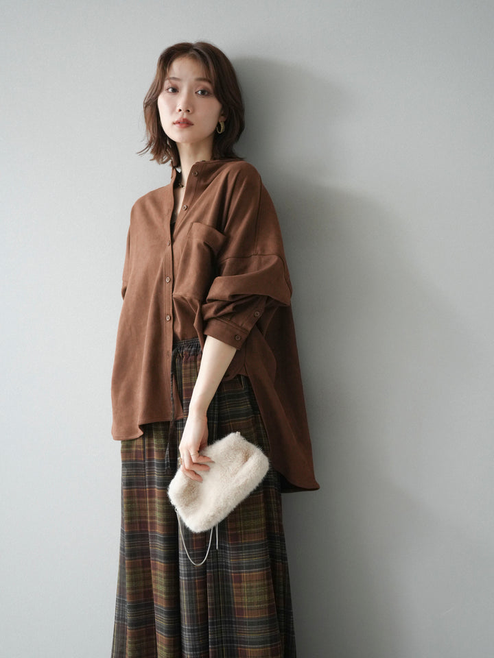 [SET]スエードバンドカラーオーバーシャツ+シアーチェックバギーパンツ(2set)