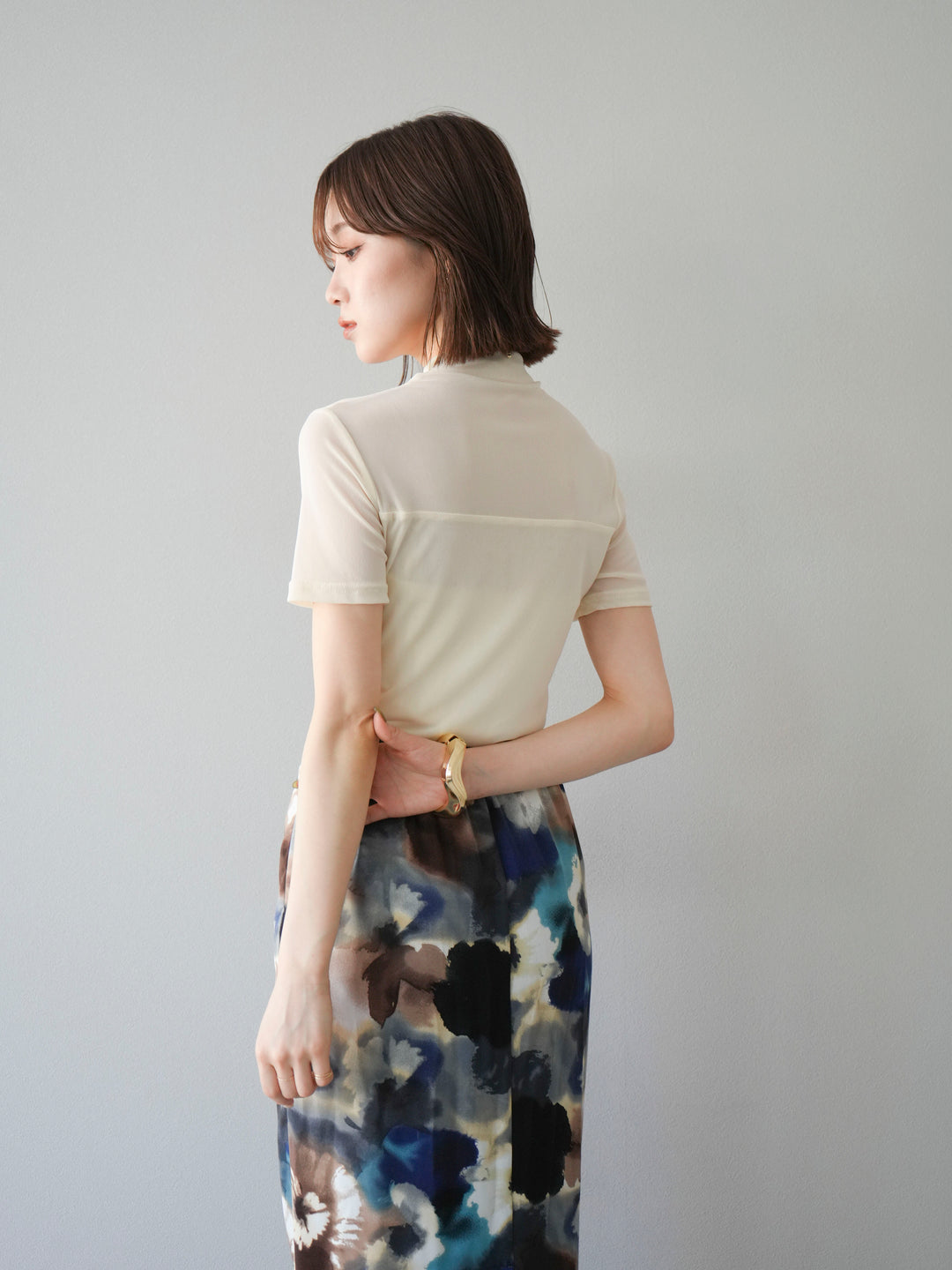 [SET] 透視半袖上衣 + 水彩印花褶襉I字裙 (2set)